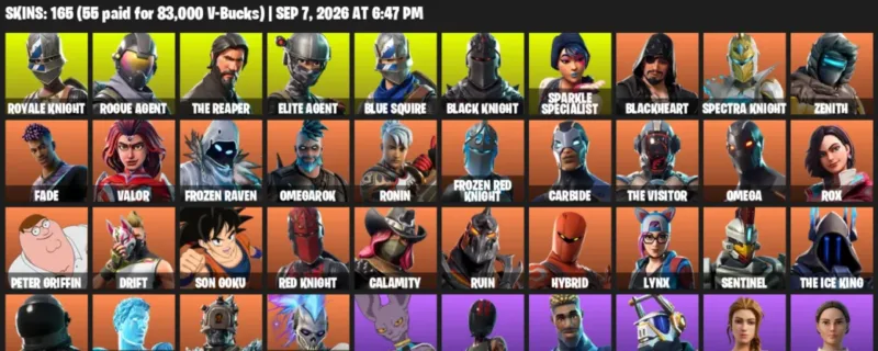 Fortnite account inventory for LVL 1054 - Royale Knight - Rogue Agent - 165 Outfits