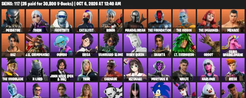 Fortnite account inventory for Predator - Torin - 117 Outfits