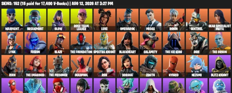 Fortnite account inventory for LVL 2084 - Warpaint - Breakpoint - 152 Outfits