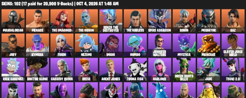 Fortnite account inventory for Mandalorian - Menace - 102 Outfits