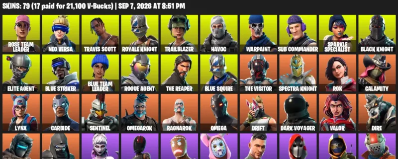 Fortnite account inventory for LVL 813 - Rose Team Leader - Neo Versa - 79 Outfits