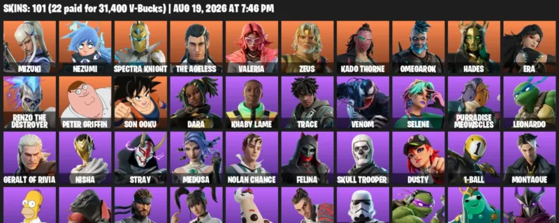 Fortnite account inventory for LVL 1424 - Mizuki - Nezumi - 101 Outfits