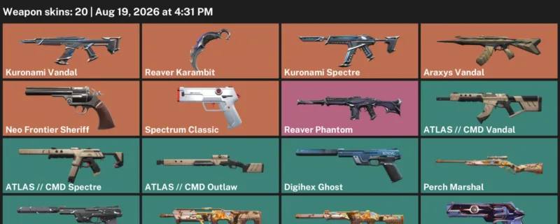 Valorant account inventory for LVL 85 · Reaver Karambit & Kuronami Vandal