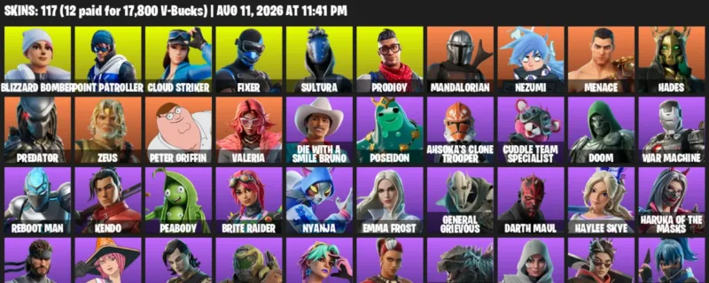 Fortnite account inventory for LVL 1362 - Blizzard Bomber - Point Patroller - 117 Outfits