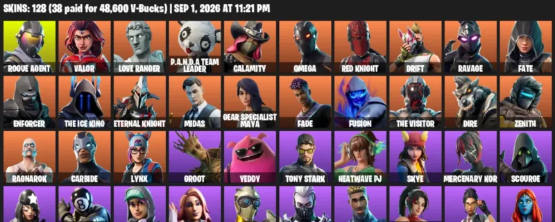 Fortnite account inventory for LVL 2942 - Rogue Agent - Valor - 128 Outfits