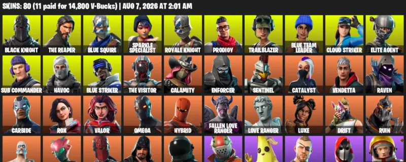 Fortnite account inventory for LVL 954 - Black Knight - The Reaper - 80 Outfits
