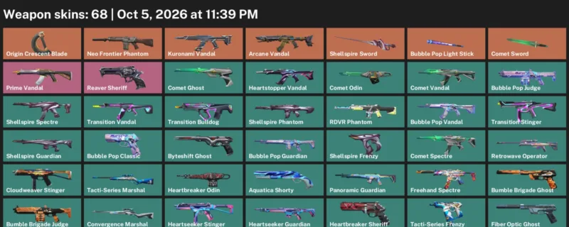 Valorant account inventory for LVL 153 · Arcane Vandal & Origin Crescent Blade
