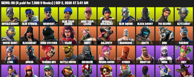 Fortnite account inventory for LVL 640 - Royale Knight - Blue Striker - 50 Outfits