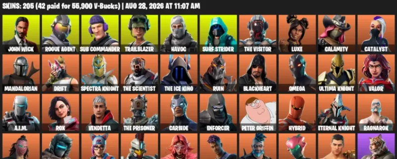 Fortnite account inventory for LVL 2345 - John Wick - Rogue Agent - 205 Outfits