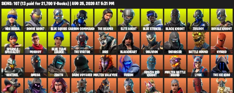 Fortnite account inventory for LVL 1177 - Neo Versa - Rogue Agent - 107 Outfits