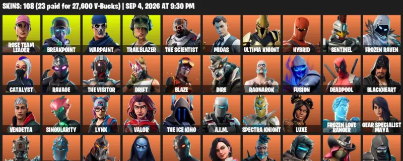 Fortnite account inventory for LVL 1150 - Rose Team Leader - Breakpoint - 108 Outfits