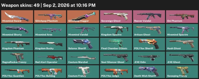 Valorant account inventory for LVL 268 · 49 Skins Glitchpop Dagger & Glitchpop Dagger & Hivemind Sword