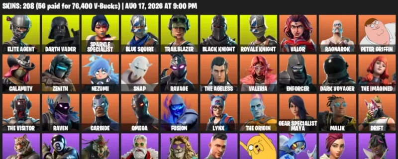 Fortnite account inventory for LVL 2351 - Elite Agent - Darth Vader - 208 Outfits