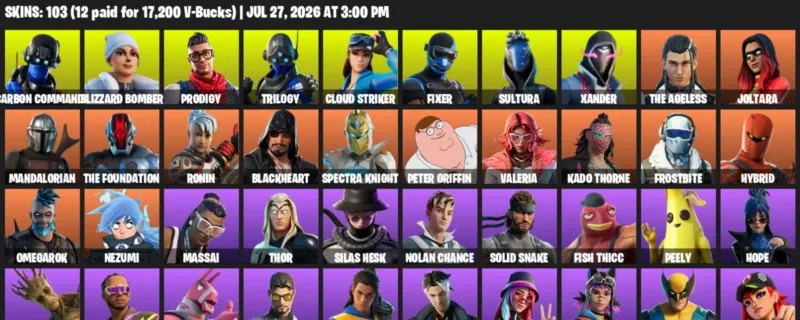 Fortnite Accounts listing: LVL 1890 - Carbon Commando - Blizzard Bomber - 103 Outfits - 103 outfits
