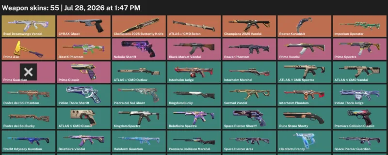 Valorant Accounts listing: LVL 64 · Champions 2025 Butterfly Knife & Reaver Karambit · 55 Skins - Silver 1, 55 skins