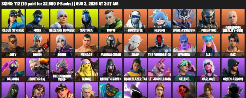 Fortnite account inventory for LVL 1140 - Cloud Striker - Fixer - 112 Outfits
