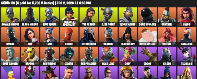Fortnite account inventory for LVL 1021 - Royale Knight - Black Knight - 59 Outfits