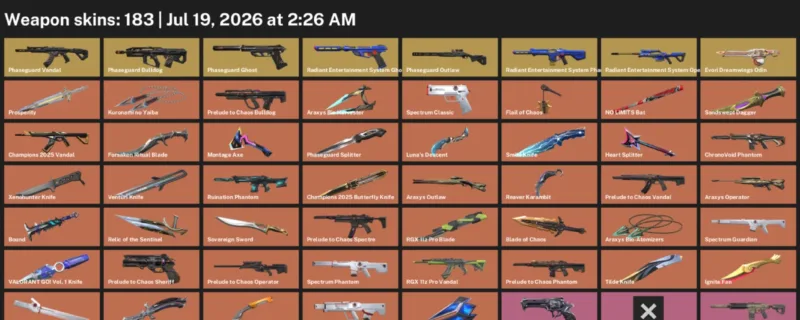 Valorant Accounts listing: LVL 400 · Blade of Chaos & Champions 2025 Butterfly Knife · 183 Skins - Gold 1, 183 skins