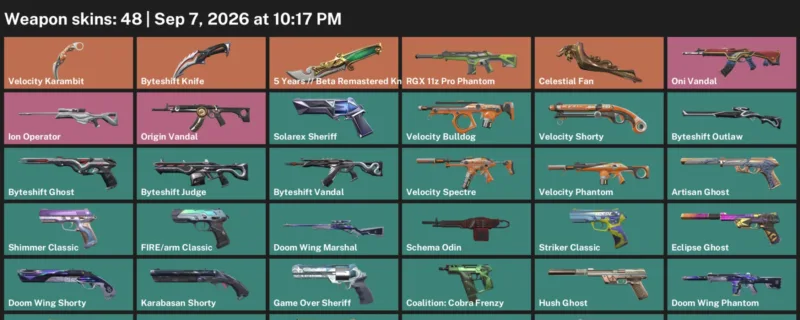 Valorant account inventory for LVL 202 · Velocity Karambit & Byteshift Knife