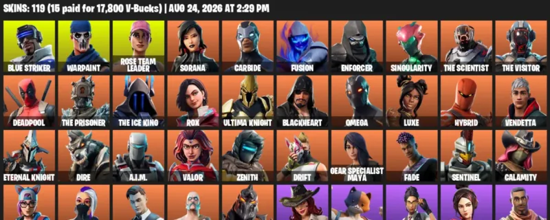 Fortnite account inventory for LVL 1661 - Blue Striker - Warpaint - 119 Outfits