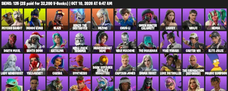 Fortnite account inventory for Psycho Bandit - Indigo Kuno - 120 Outfits