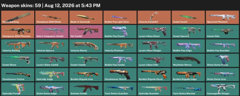 Valorant account inventory for LVL 78 · Champions 2024 Blade & Velocity Karambit