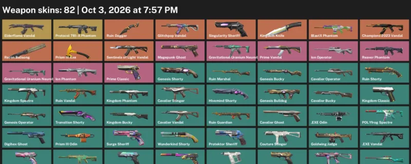 Valorant account inventory for LVL 296 · Kingdom Knife & Ruin Dagger & 82 Skins Kingdom Knife