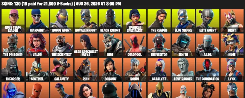 Fortnite account inventory for LVL 1905 - Rose Team Leader - Warpaint - 130 Outfits
