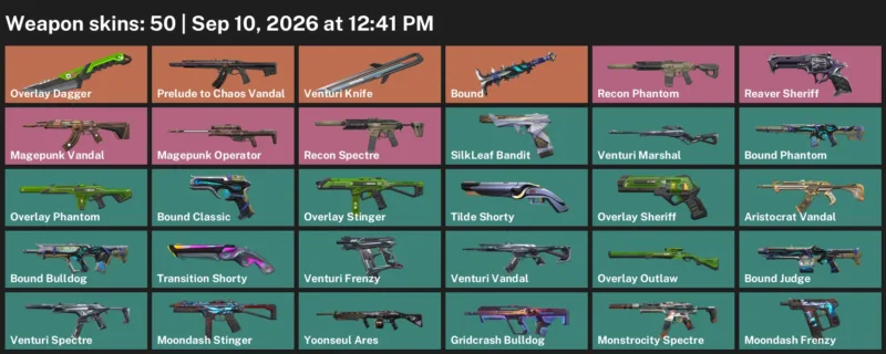 Valorant account inventory for LVL 153 · Overlay Dagger & Venturi Knife & 50 Skins Overlay Dagger