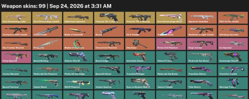 Valorant account inventory for LVL 453 · Blade of Aemondir & Transition Knife & Venturi Knife