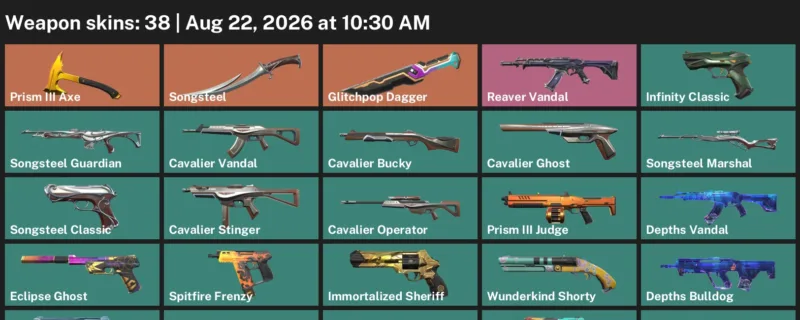 Valorant account inventory for LVL 169 · Glitchpop Dagger & Cavalier Vandal