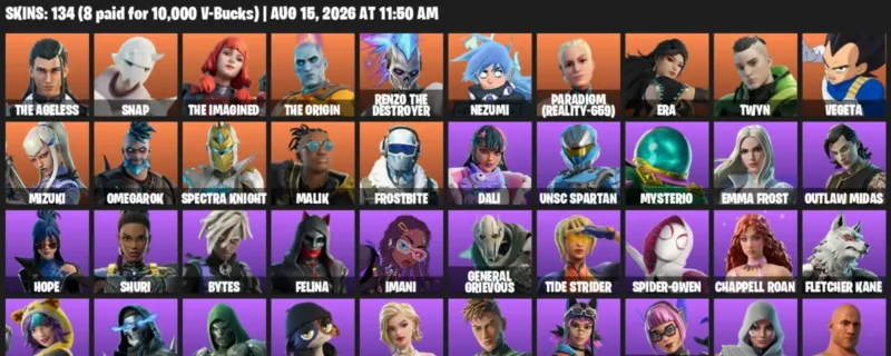 Fortnite account inventory for LVL 1194 - The Ageless - Snap - 134 Outfits
