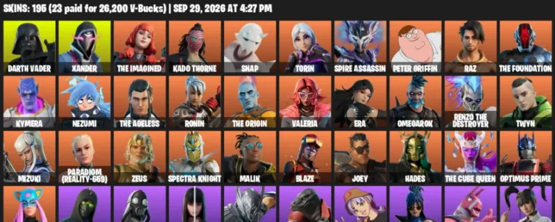 Fortnite account inventory for Darth Vader - Xander - 120 Outfits