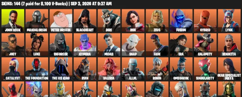 Fortnite account inventory for LVL 1963 - John Wick - Mandalorian - 144 Outfits