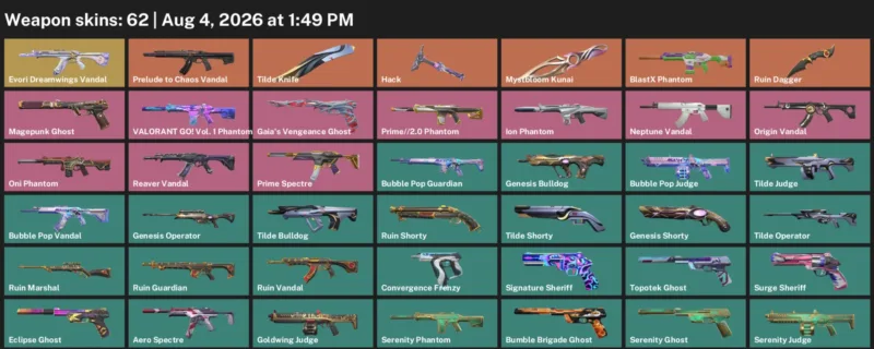 Valorant account inventory for LVL 93 · Ruin Dagger & Tilde Knife