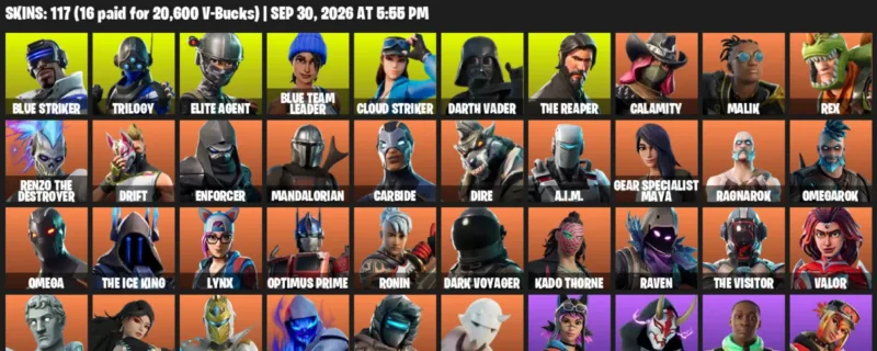 Fortnite account inventory for Blue Striker - Trilogy - 117 Outfits