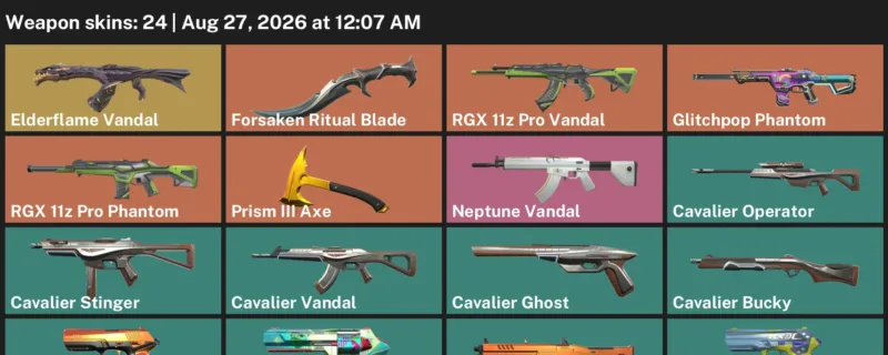 Valorant account inventory for LVL 117 · Forsaken Ritual Blade & Cavalier Vandal