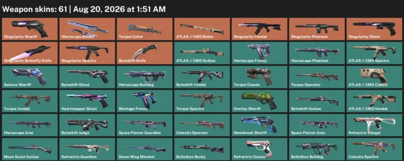 Valorant account inventory for LVL 177 · 61 Skins Byteshift Knife & Singularity Butterfly Knife