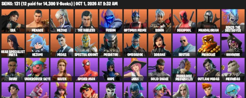 Fortnite account inventory for Era - Menace - 120 Outfits