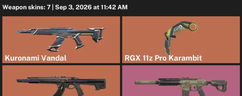 Valorant account inventory for LVL 77 · RGX 11z Pro Karambit & Kuronami Vandal