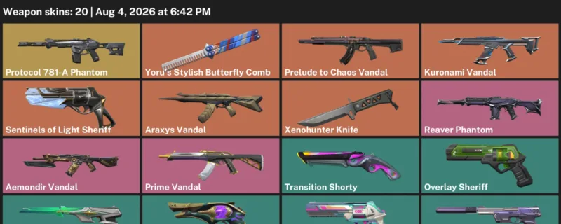 Valorant account inventory for LVL 203 · 20 Skins Xenohunter Knife & Kuronami Vandal