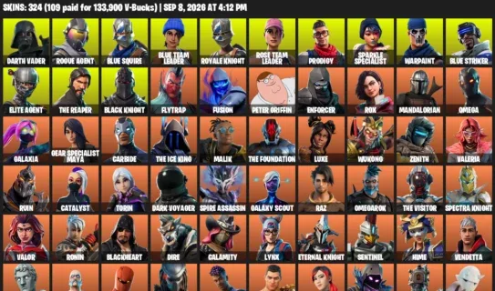 Fortnite account inventory for LVL 3288 - Darth Vader - Rogue Agent - 324 Outfits