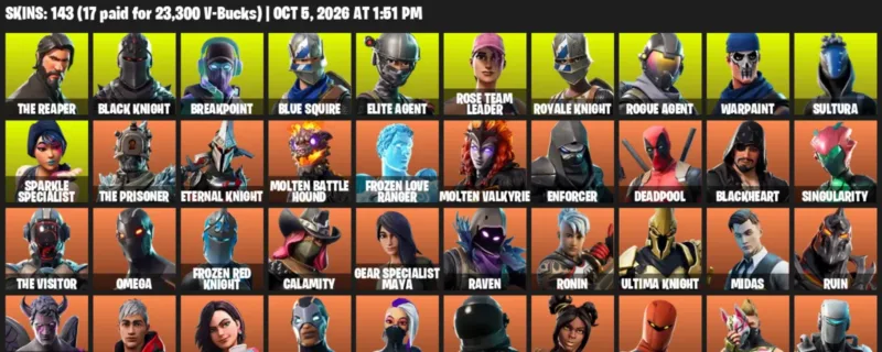 Fortnite account inventory for The Reaper - Black Knight - 120 Outfits