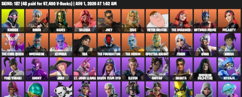 Fortnite account inventory for LVL 4924 - Xander - Ronin - 187 Outfits