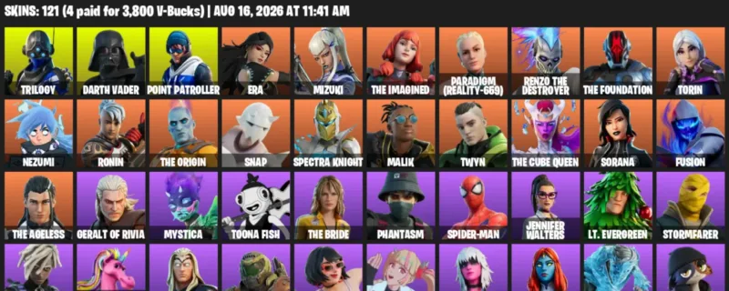 Fortnite account inventory for LVL 1409 - Trilogy - Darth Vader - 121 Outfits