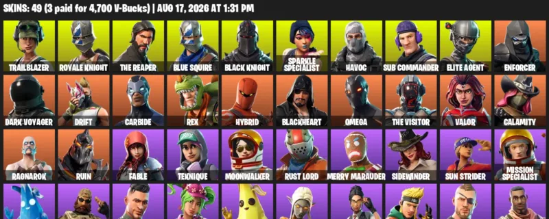 Fortnite account inventory for LVL 850 - Trailblazer - Royale Knight - 49 Outfits