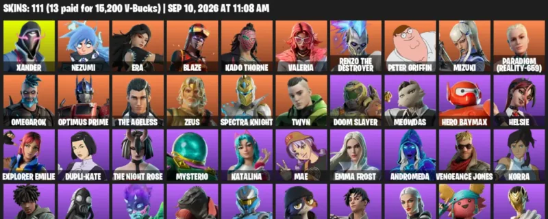 Fortnite account inventory for LVL 2150 - Xander - Nezumi - 111 Outfits