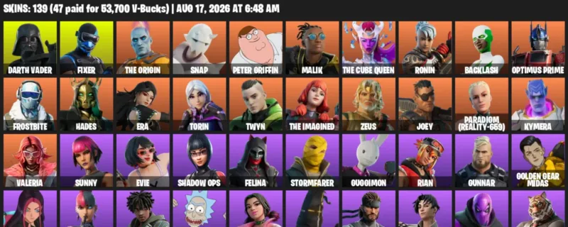 Fortnite account inventory for LVL 2306 - Darth Vader - Fixer - 139 Outfits