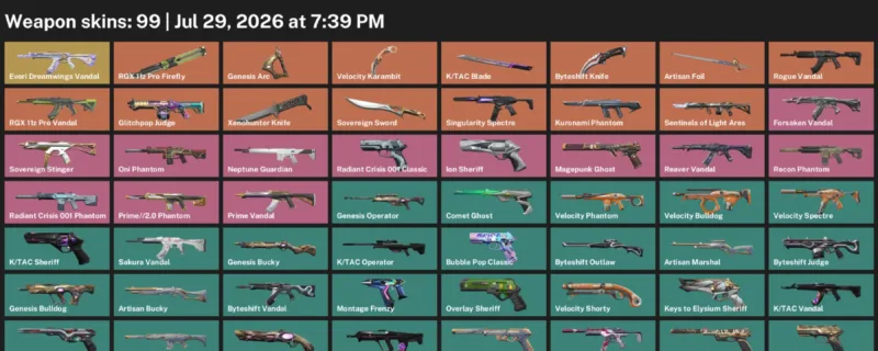 Valorant Accounts listing: LVL 263 · Byteshift Knife & K/TAC Blade · 99 Skins - Platinum 3, 99 skins