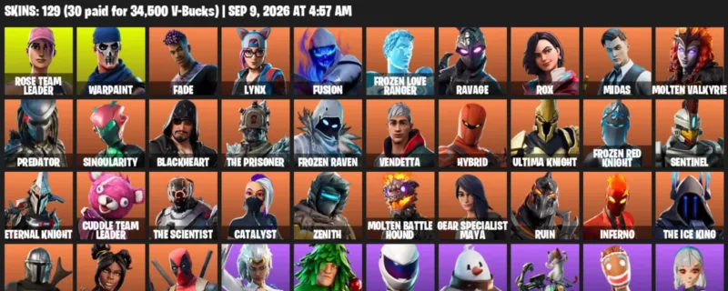Fortnite account inventory for LVL 1595 - Rose Team Leader - Warpaint - 129 Outfits